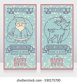 two cards for christmas and new year party, cute cartoon deer and santa claus, vector illustration