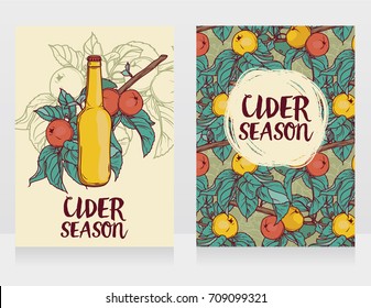 two cards for cider season with beautiful branch of apple tree and bottle of cider, can be used as menu cover, vector illustration