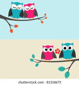 Two cards with couples of owls sitting on branches. Nice elements for scrapbook, greeting cards, invitations, Valentine's cards etc.