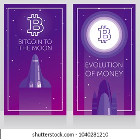 two cards for cryptocurrency and new space technology, space shuttle fly to ton logotype on the moon, cosmic vector illustration