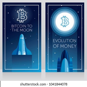 two cards for cryptocurrency and new space technology, space shuttle fly to ton logotype on the moon, cosmic vector illustration