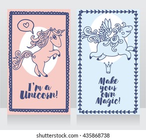 two cards with cute unicorn and pegasus, can be used as invitation for birthday party or baby shower, vector illustration