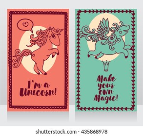 two cards with cute unicorn and pegasus, can be used as invitation for birthday party or baby shower, vector illustration