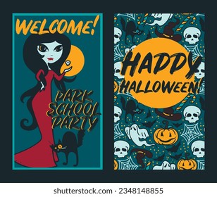 two cards for dark school halloween party, vector illustration