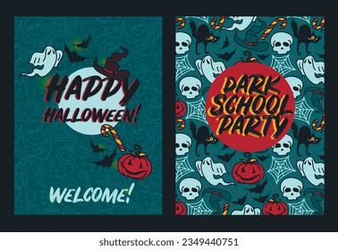 two cards for dark school halloween party, vector illustration