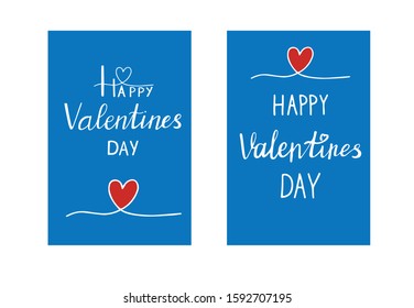 Two cards for the day of all lovers. Congratulations on Valentine's Day. Lettering of "Happy St. Valentine's Day." White text on a blue background. Red accent heart. Vector illustration.