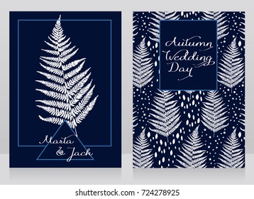 Two Cards Decorated With Fern Leaves In Geometric Frame For Autumn Or Winter Wedding, Blue And White Colors, Vector Illustration In Sketch Style