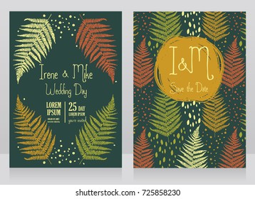 two cards decorated with frame formed of fern leaves, autumn palette, vector illustration in sketch style