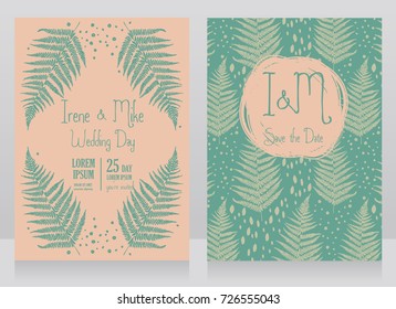 two cards decorated with frame formed of fern leaves, mint color, vector illustration in sketch style