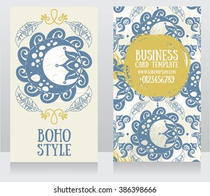 two cards with doodle sun and feather ornament in boho style, vector illustration