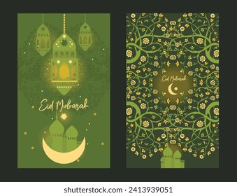 Two cards for Eid Mubarak with arabian style ornament and traditional lamps , vector illustration