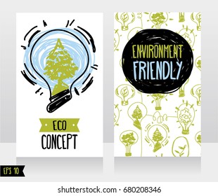 two cards for environmental protection, ecology concepts with lightbulb and plants inside, vector illustration in sketch style