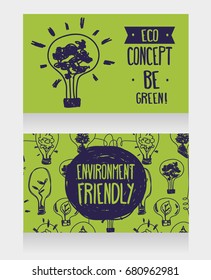 two cards for environmental protection, ecology concepts with lightbulb and plants inside, vector illustration in sketch style