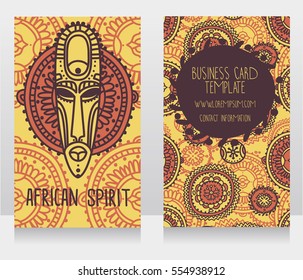 two cards in ethnic style with traditional decorative african mask, can be used as touristic banners, vector illustration