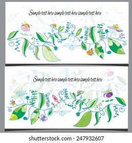 two cards flyers with wavy thin twigs with leaves and flowers