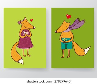 Two cards with foxes love. Sweetheart vector illustration and design postcards.