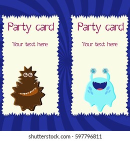 Two cards with funny monsters invitations for birthday, party, Halloween, as well as advertising flyers, childrens stores and other design needs. Vector illustration