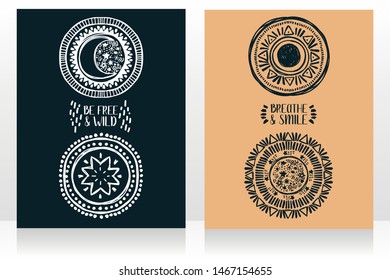 Two cards with gypsy style astrological symbols, sketch style vector illustration