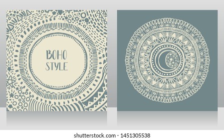 Two cards with gypsy style with moon symbol and boho style frame, sketch style vector illustration