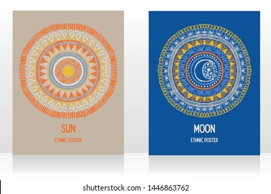 Two cards with gypsy style with sun and moon symbols, day and night, sketch style vector illustration