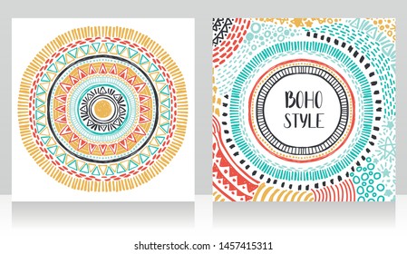 Two cards with gypsy style sun symbol and colorful boho style frame on white background, sketch style vector illustration