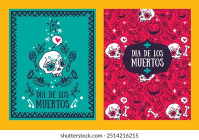 Duas cartas para o dia das bruxas ou dia da festa morta com crânio assustador bonito doodle, ilustração vetorial