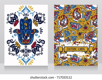 two cards with hamsa symbol and indian ornaments, vector illustration