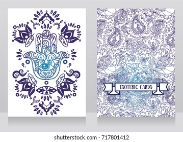 two cards with hamsa symbol and indian ornaments, vector illustration