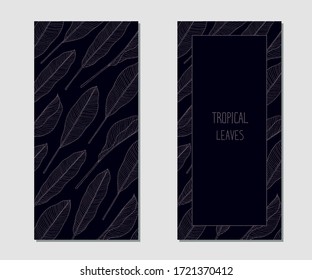 Two cards with hand drawn sketch style tropical leaves. Dark tropical label with palm leaves. 