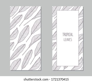 Two cards with hand drawn sketch style tropical leaves. White tropical label with palm leaves. 