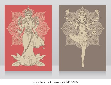 two cards with indian goddess Lakshmi and Kali and mandala round ornament, vector illustration