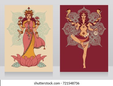 two cards with indian goddess Lakshmi and Kali and mandala round ornament, vector illustration