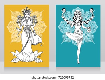 two cards with indian goddess Lakshmi and Kali and mandala round ornament, vector illustration