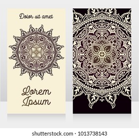 two cards with indian style traditional mandala, can be used as invitations to indian style party, vector illustration