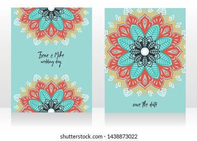 two cards for indian style wedding with traditional royal mandala, vector illustration