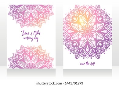 two cards for indian style wedding with shining mandala ornament, vector illustration