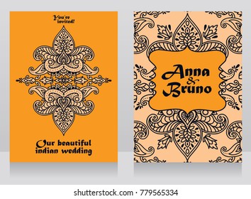 two cards for indian style wedding with traditional royal ornament, vector illustration