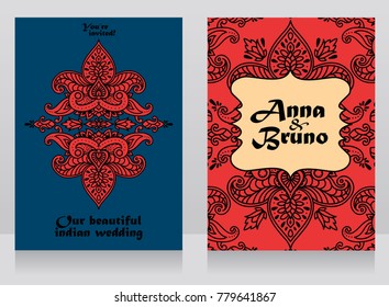 two cards for indian style wedding with traditional royal ornament, vector illustration