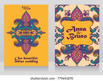 two cards for indian style wedding with traditional royal ornament, vector illustration