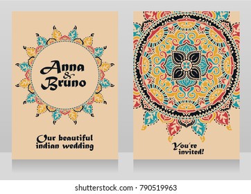 two cards for indian style wedding with traditional royal mandala, vector illustration
