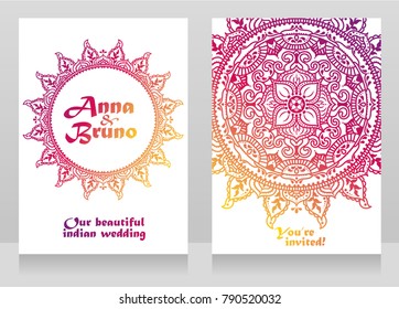 two cards for indian style wedding with traditional royal mandala, vector illustration