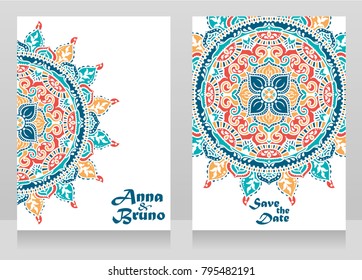 two cards for indian style wedding with traditional royal mandala, can be used as invitations to indian style party, vector illustration