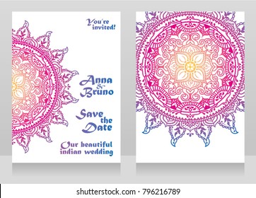 two cards for indian style wedding with traditional royal mandala, can be used as invitations to indian style party, vector illustration