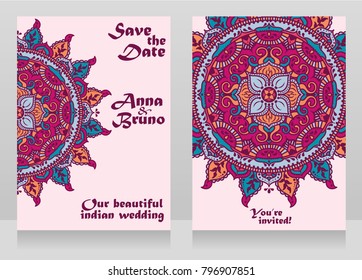 two cards for indian style wedding with traditional royal mandala, can be used as invitations to indian style party, vector illustration