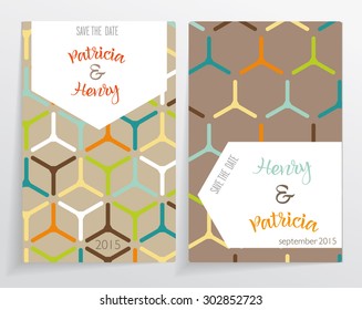 Two cards of invitation. made with geometric patterns reminiscent of cell and hexagons. The background is different, the pattern inscription.
