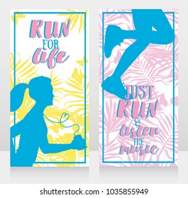 two cards for jogging, silhouettes of running woman and tropical decoration, can be used as posters for girl power, candy colors, vector illustration
