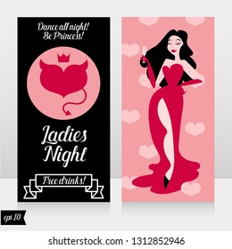 Two cards for Ladies night party with glamour woman drinking champagne, can be used for valentine's day, vector illustration