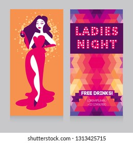 Two cards for Ladies night party with glamour woman drinking champagne, can be used for vegas style party, avector illustration