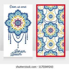 two cards with madala ornament on white background, orient style, can be used for boho shop or as touristic banner, vector illustration