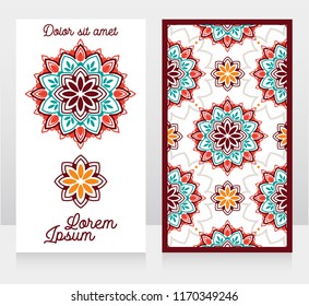 two cards with madala ornament on white background, orient style, can be used for boho shop or as touristic banner, vector illustration